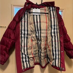 Burberry Kids Red Puffer Jacket with Check Lining